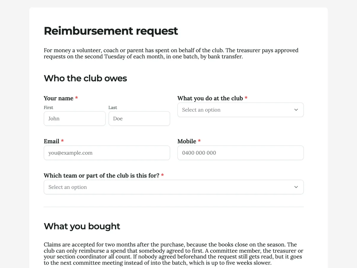 Reimbursement request form example