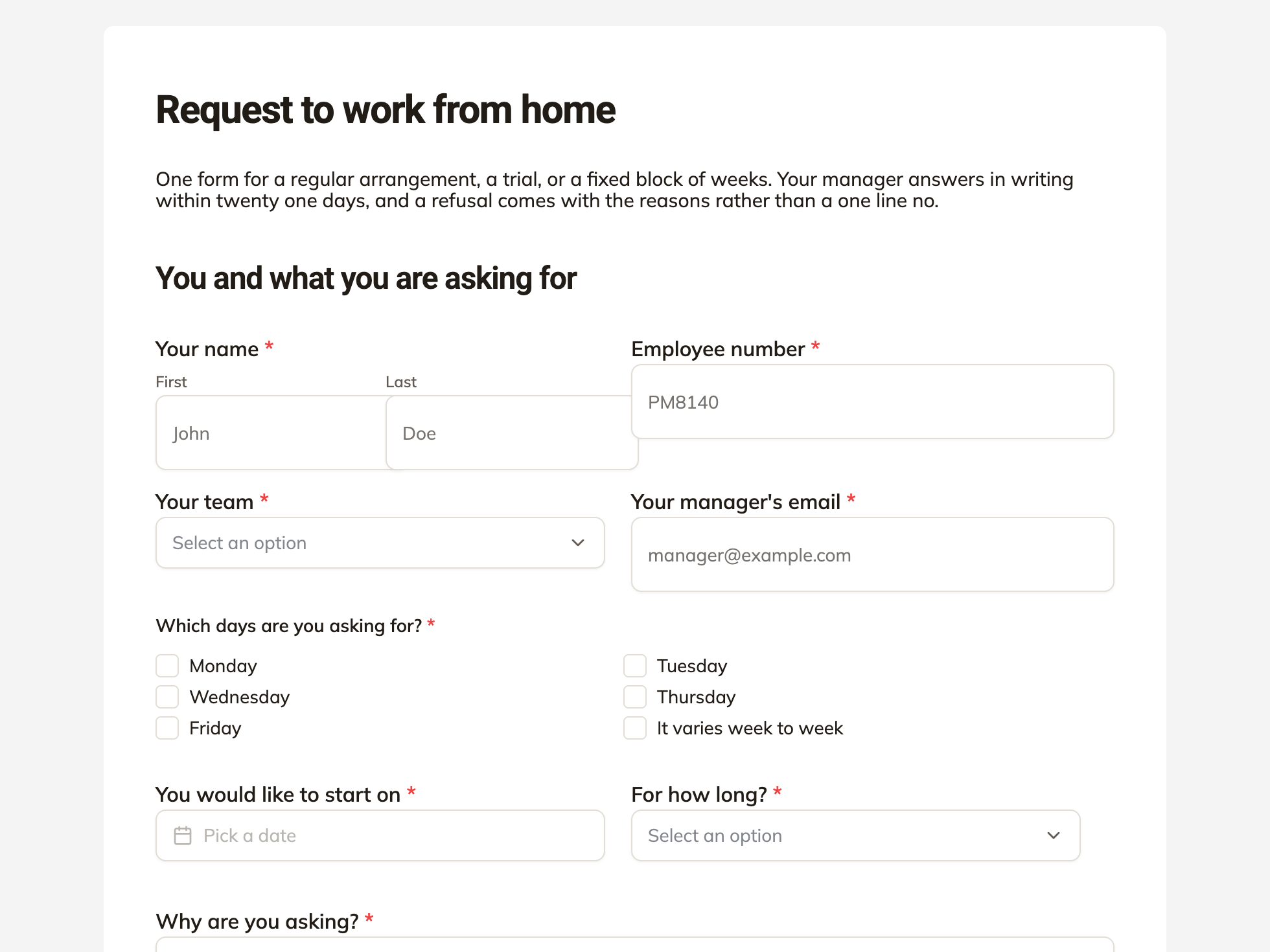Work from home request form example