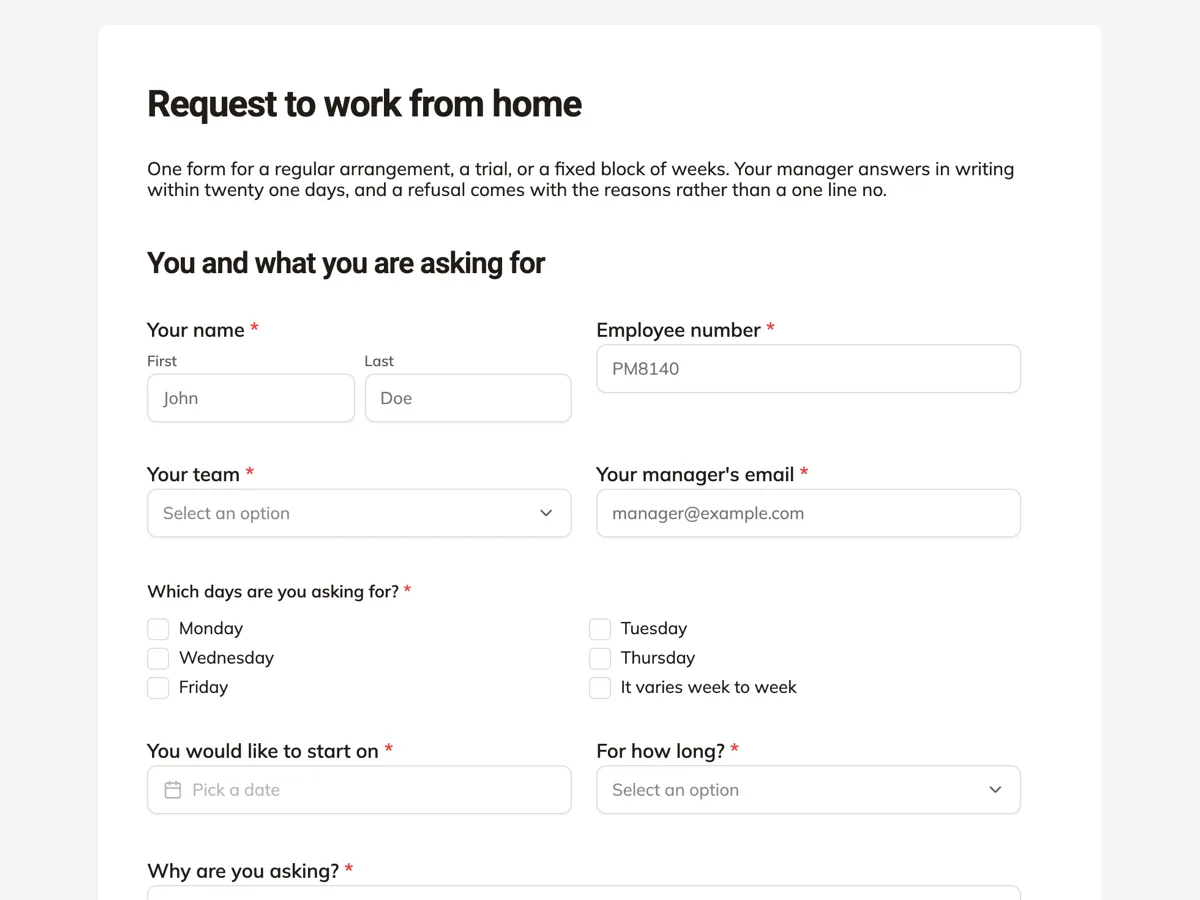 Work from home request form example