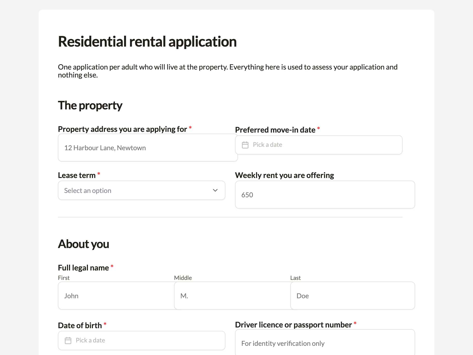 Rental application form example
