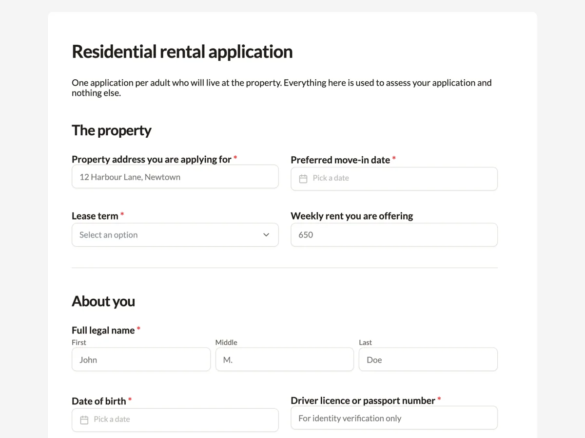Rental application form example