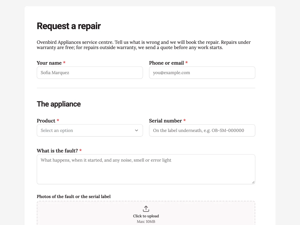 Repair request form with photos and warranty check example