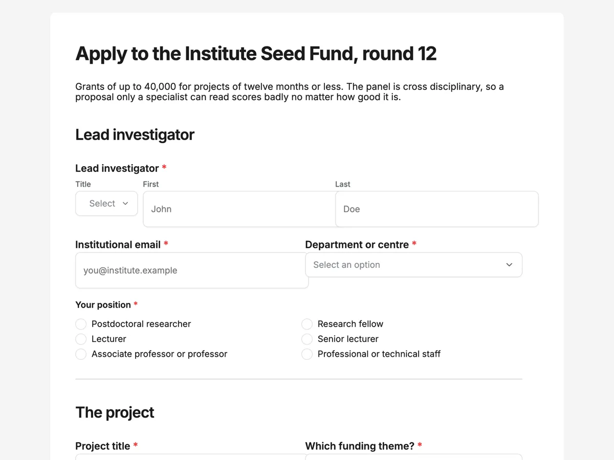 Research funding application form with a justified budget table example