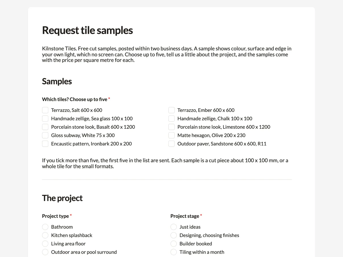 Product sample request form with project details example