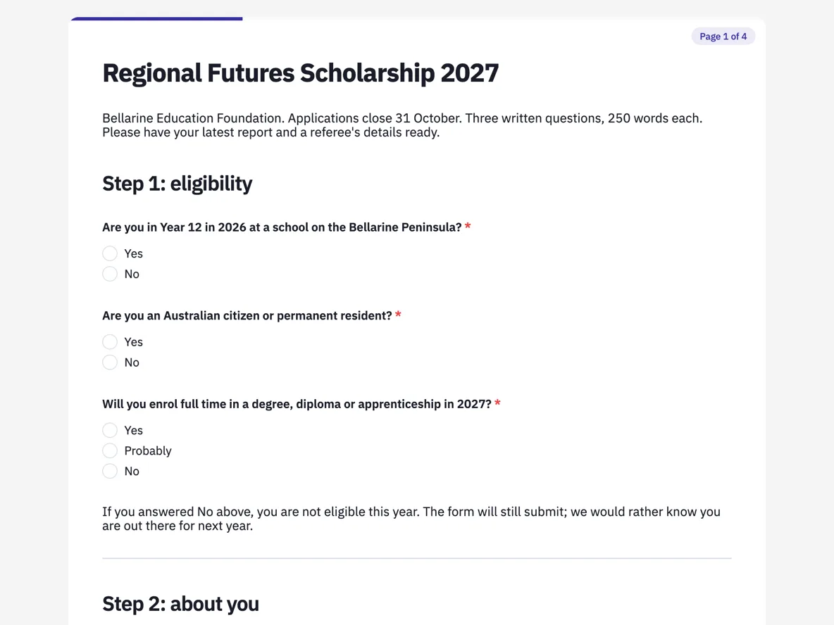 Top of the scholarship application form that asks everyone the same three questions example