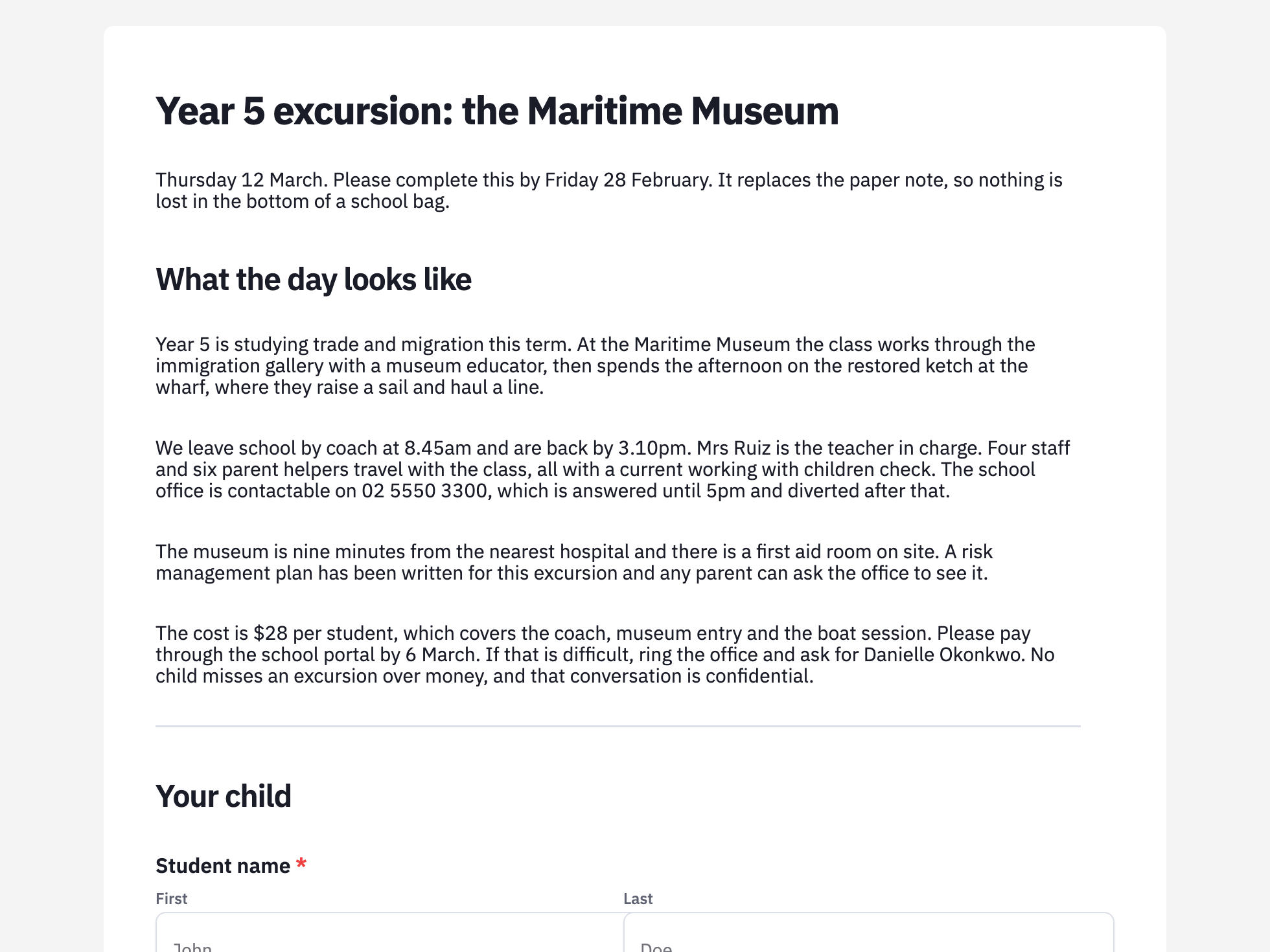 Welcome screen of the excursion permission form example