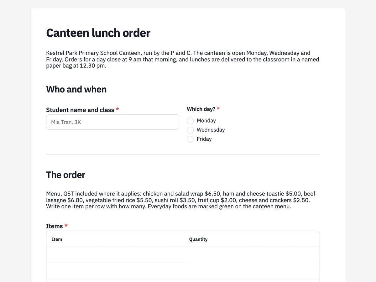 Top of the lunch order form for a school canteen, one day at a time example