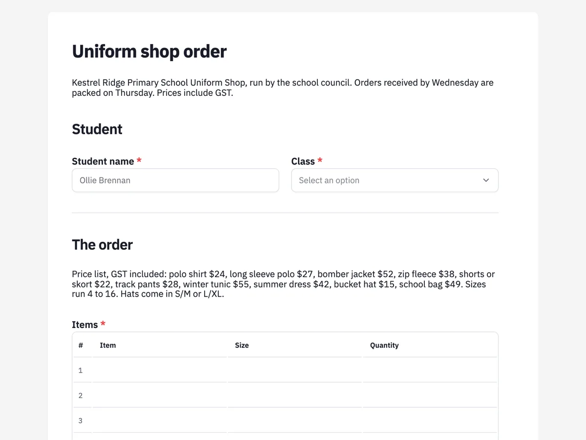 School uniform order form for a primary school uniform shop example