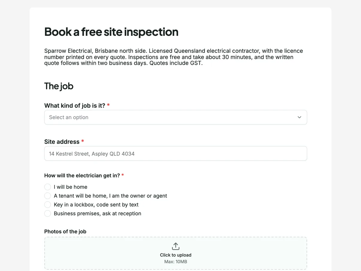 Site inspection booking form for an electrician's quote example