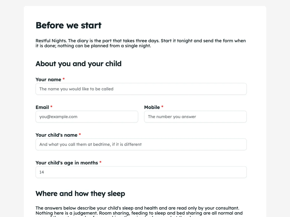 Sleep consultant intake form with a three day sleep diary example