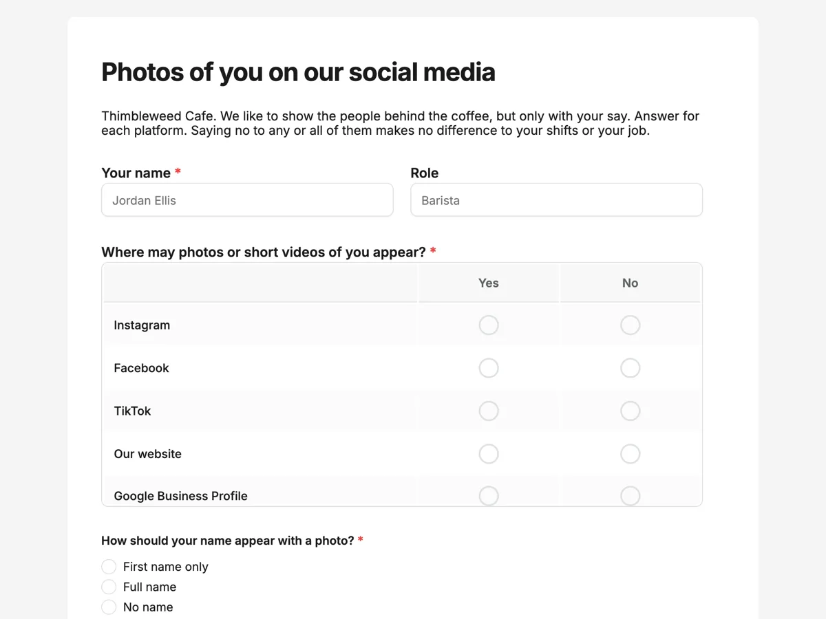 Social media consent form for staff, platform by platform example