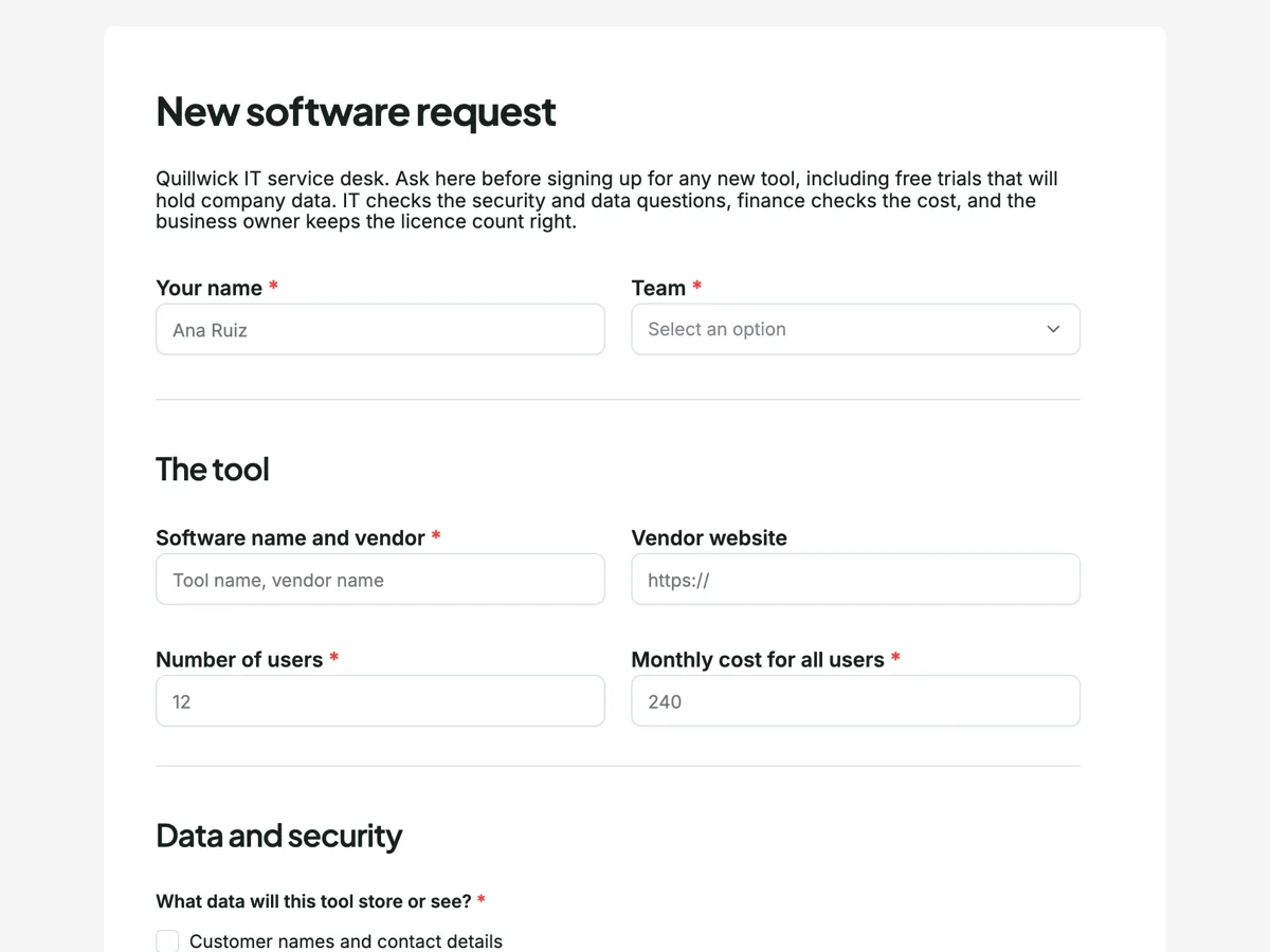Software request form with a data and security check example