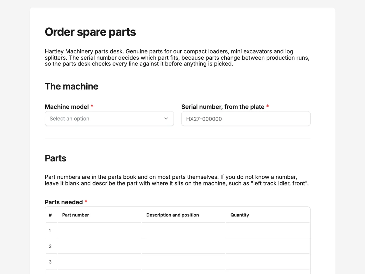 Spare parts order form with model, serial and part numbers example