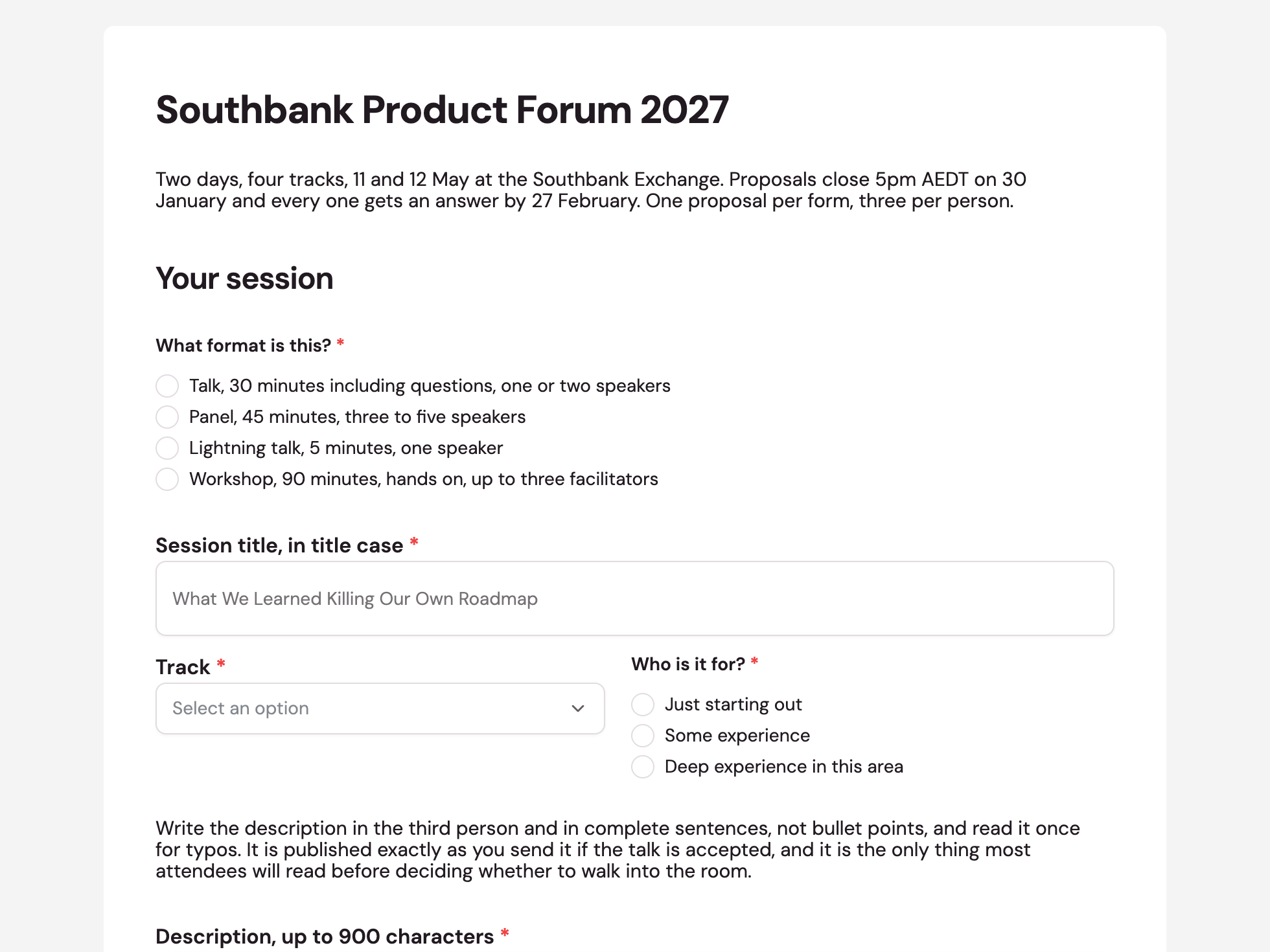 Welcome screen of the call for speakers form example