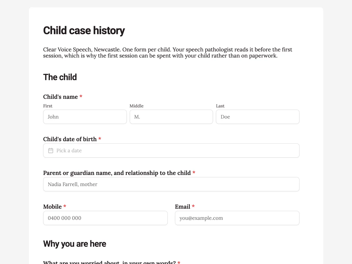 Speech pathology intake form as a child case history example
