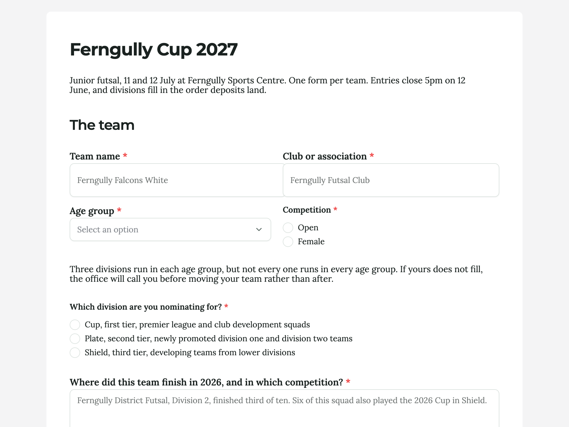 Tournament registration form example