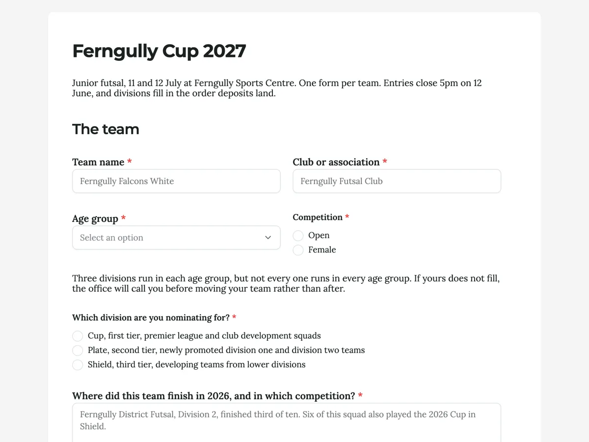 Tournament registration form example