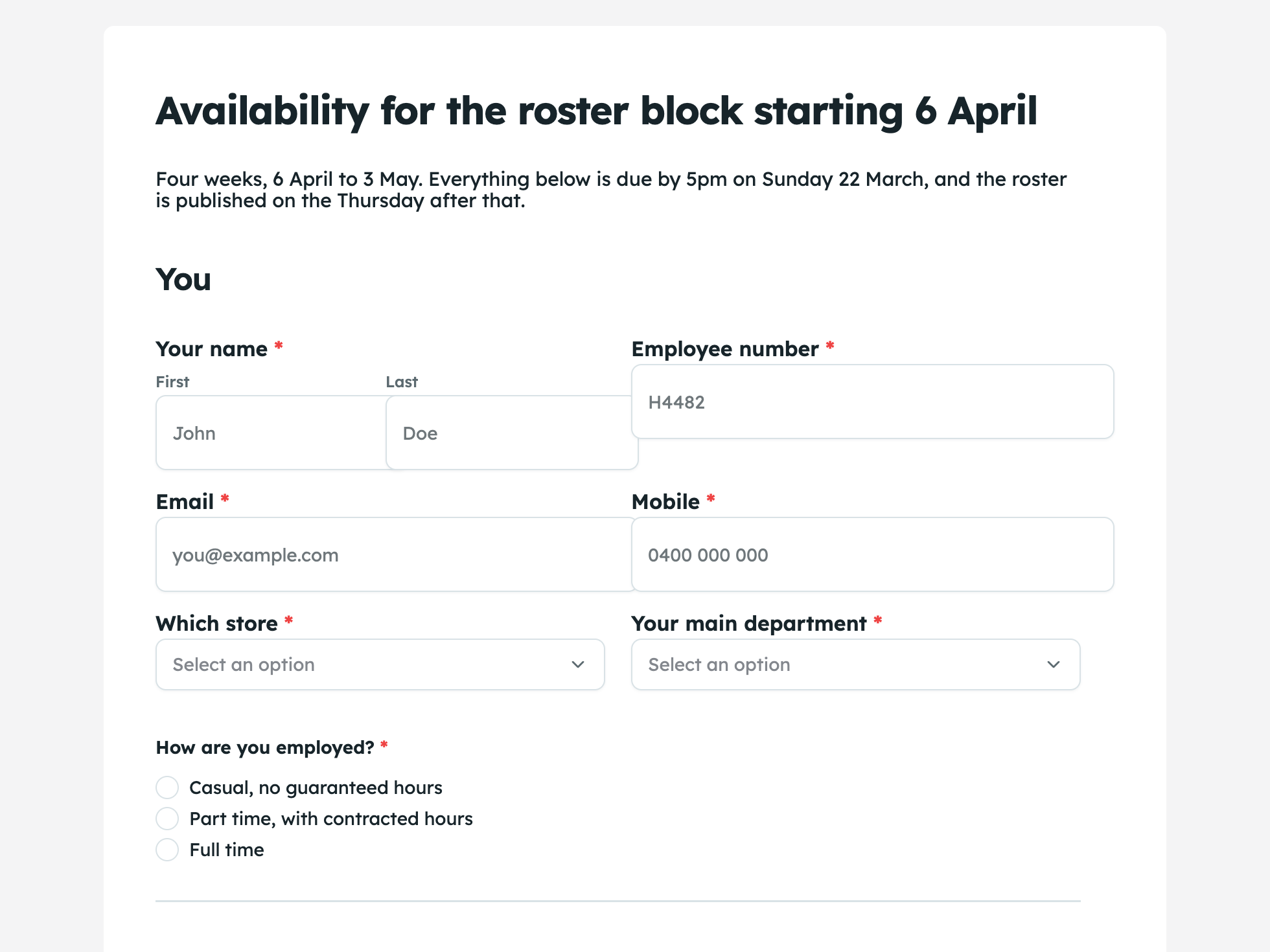 Staff availability form example