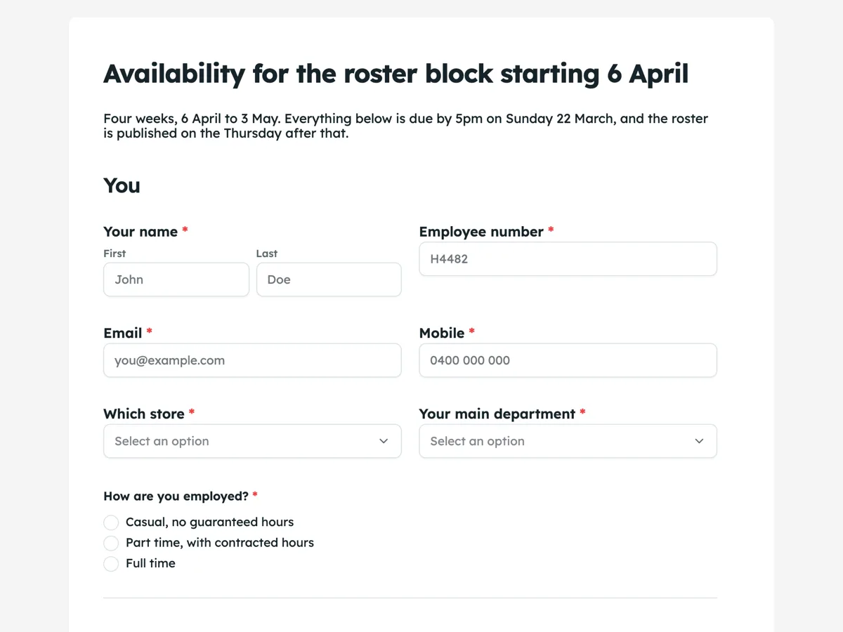 Staff availability form example