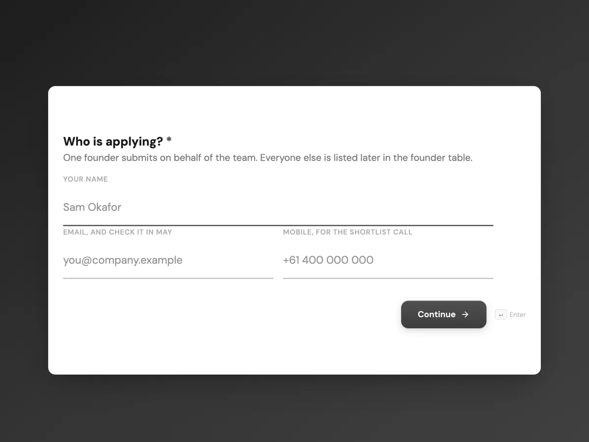 Top of the accelerator application form with traction numbers and a deck example