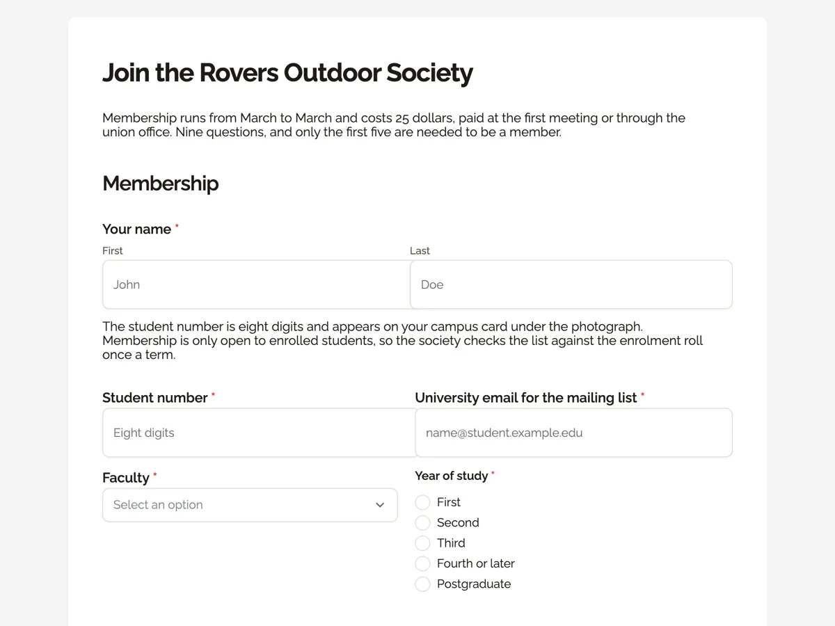 Student club registration form with a student ID check example