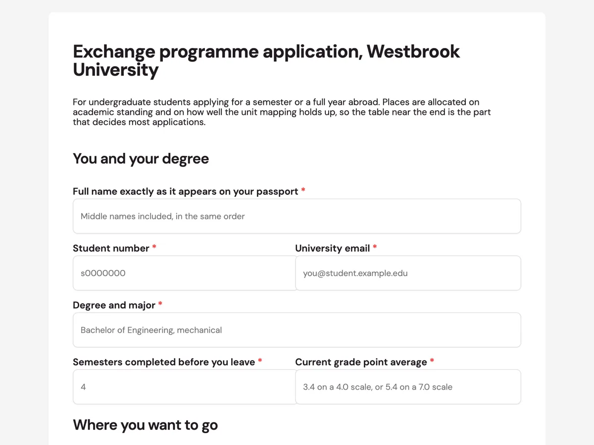 Top of the exchange program application form with host preferences and unit mapping example
