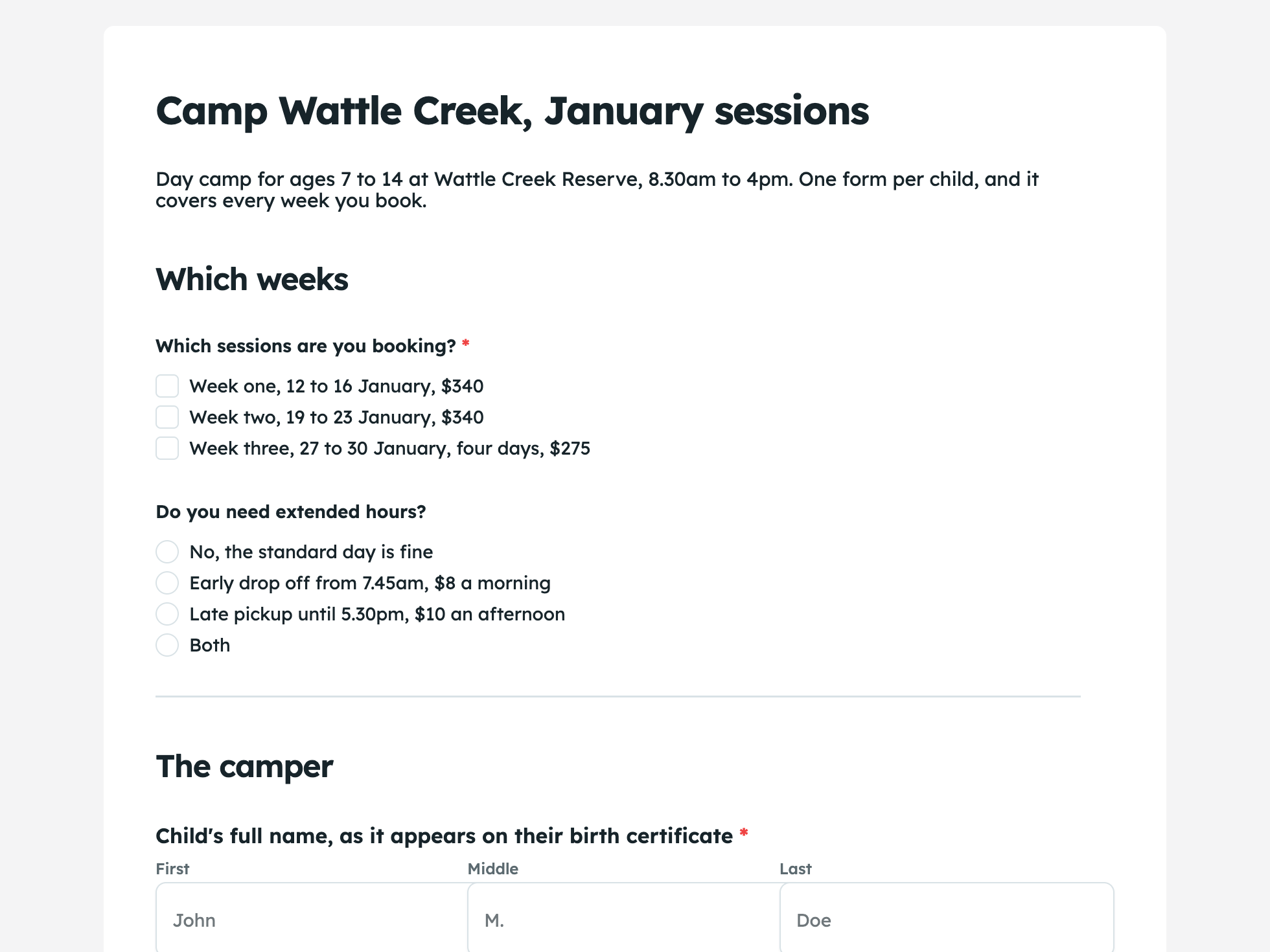 Welcome screen of the camp registration form example