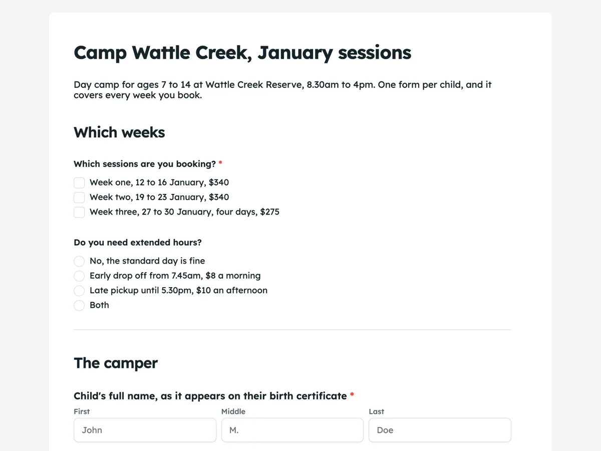 Camp registration form example