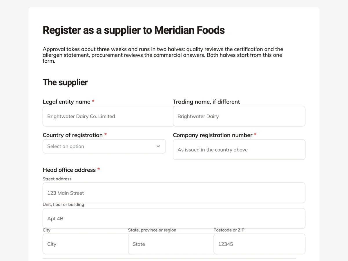 Supplier registration form built for a quality review example