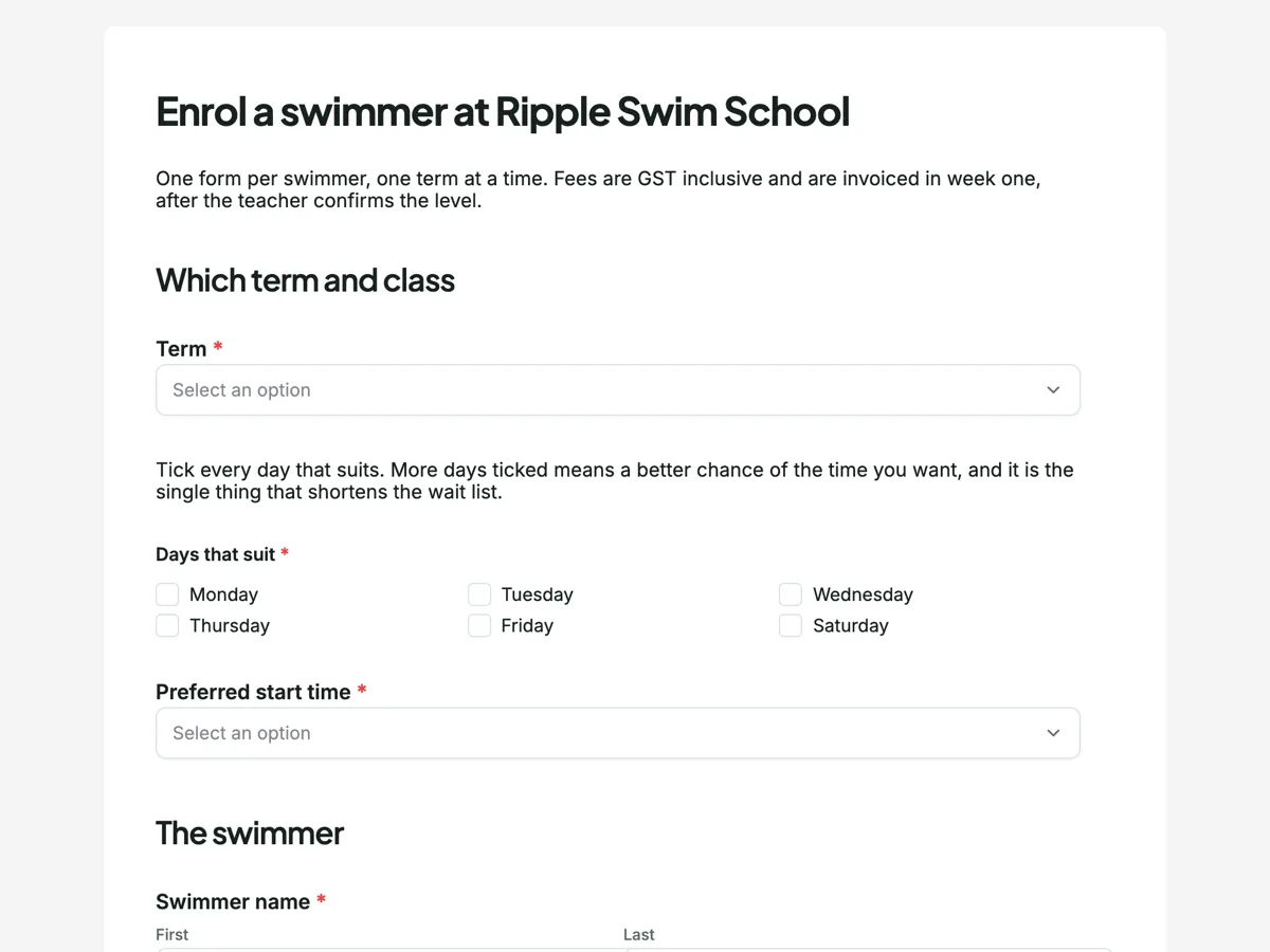 Top of the swim school registration form with the level ladder on it example