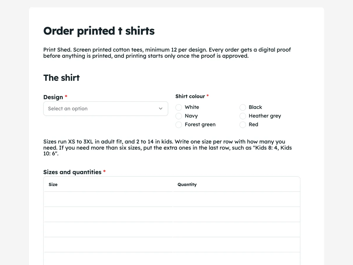 T shirt order form with a size grid and print position example
