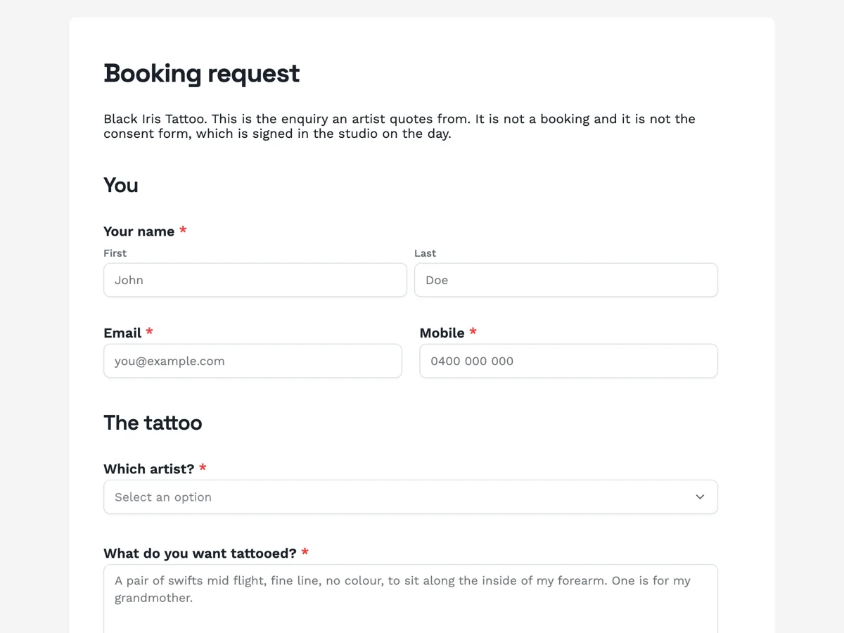 Tattoo booking request form that gives an artist enough to quote example