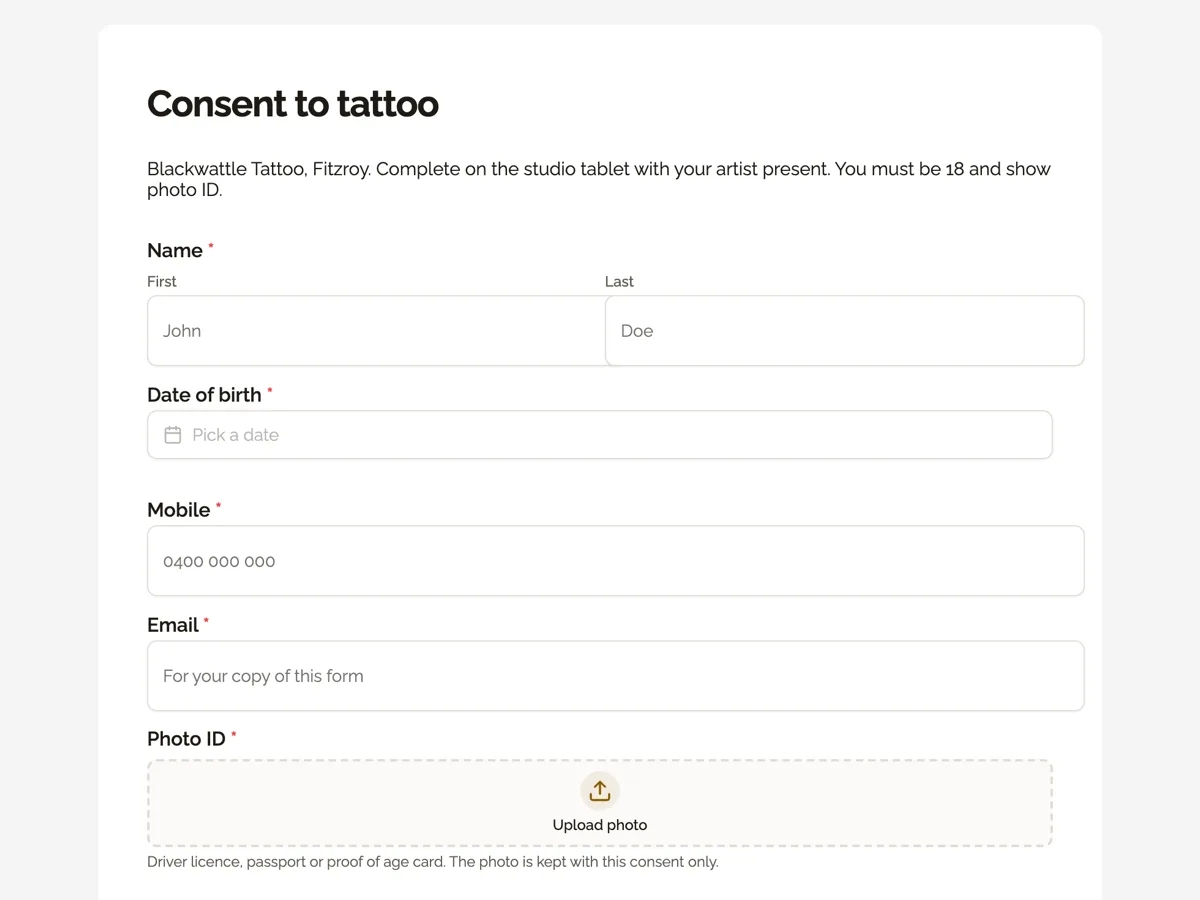 Top of the tattoo consent form signed on a tablet before the needle example