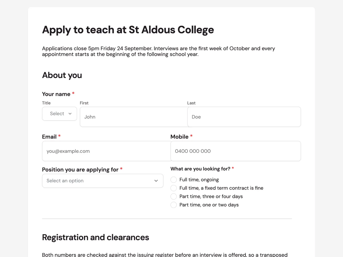 Top of the teaching job application form with registration and referees example
