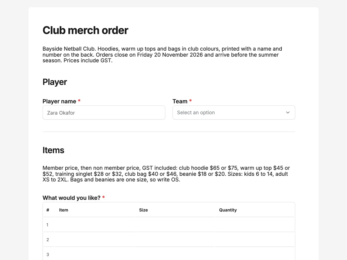 Team merch order form with name and number printing example