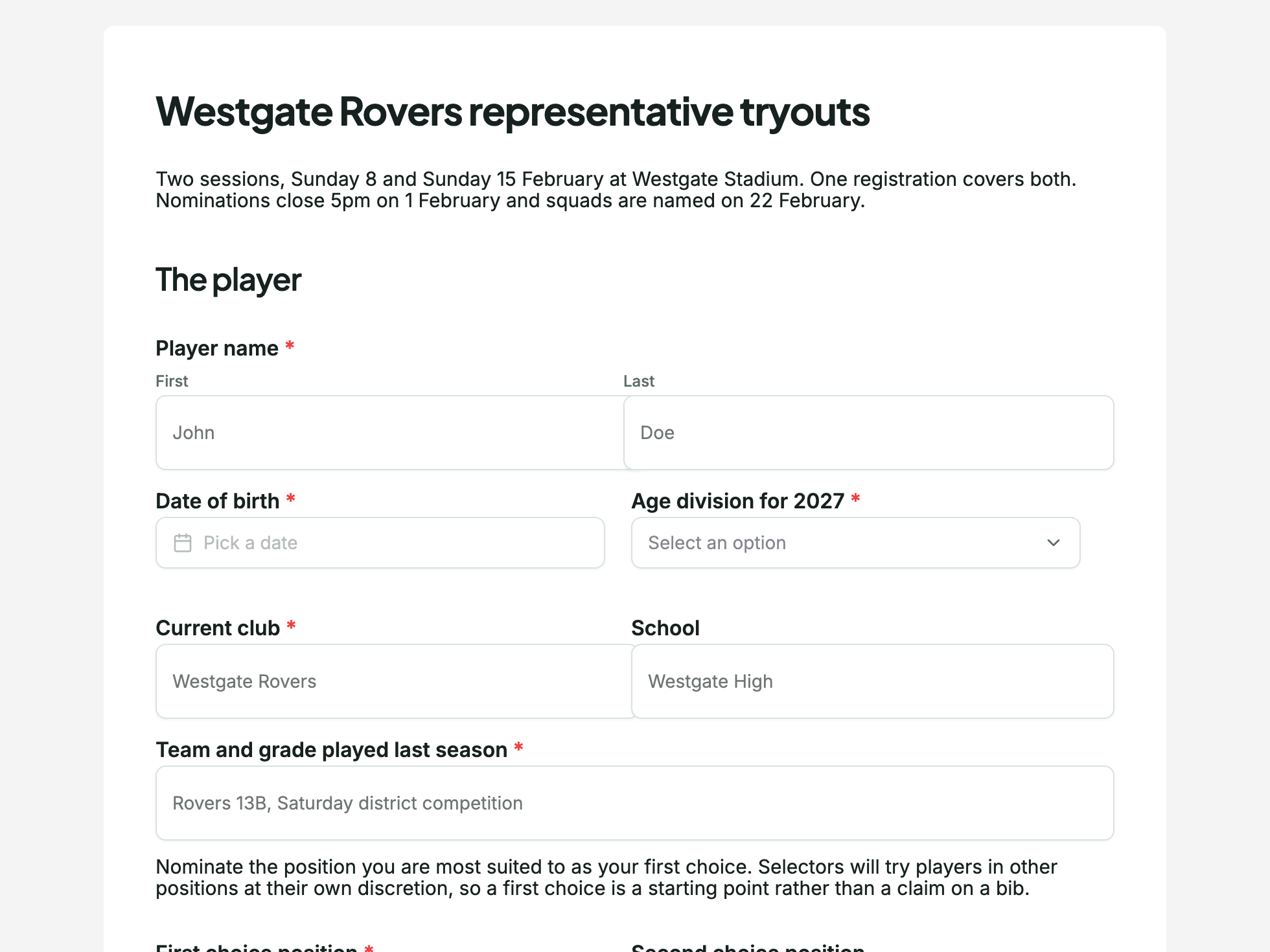Team tryout registration form example