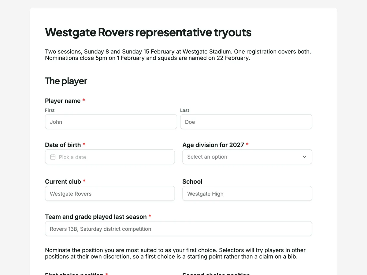 Team tryout registration form example