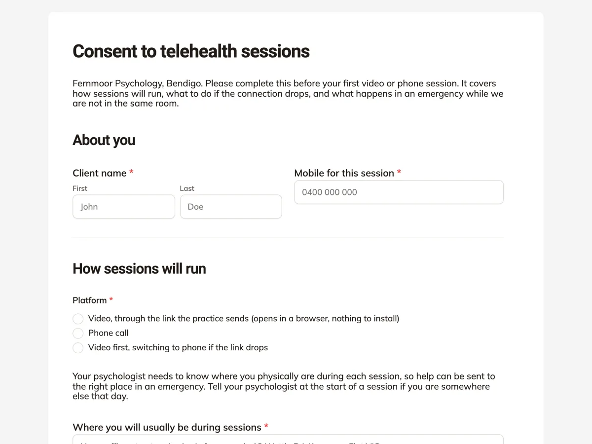 Telehealth consent form for video and phone sessions example
