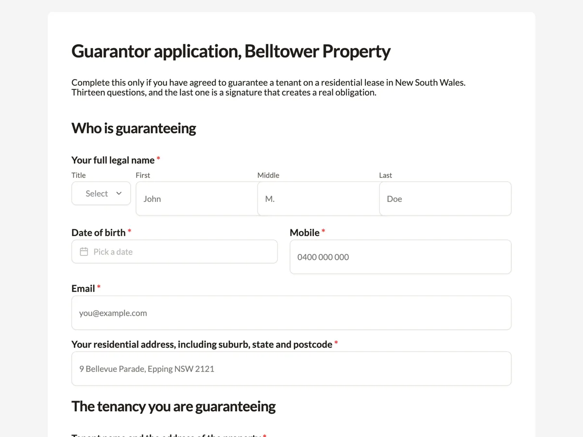 Top of the guarantor application form for a residential tenancy example
