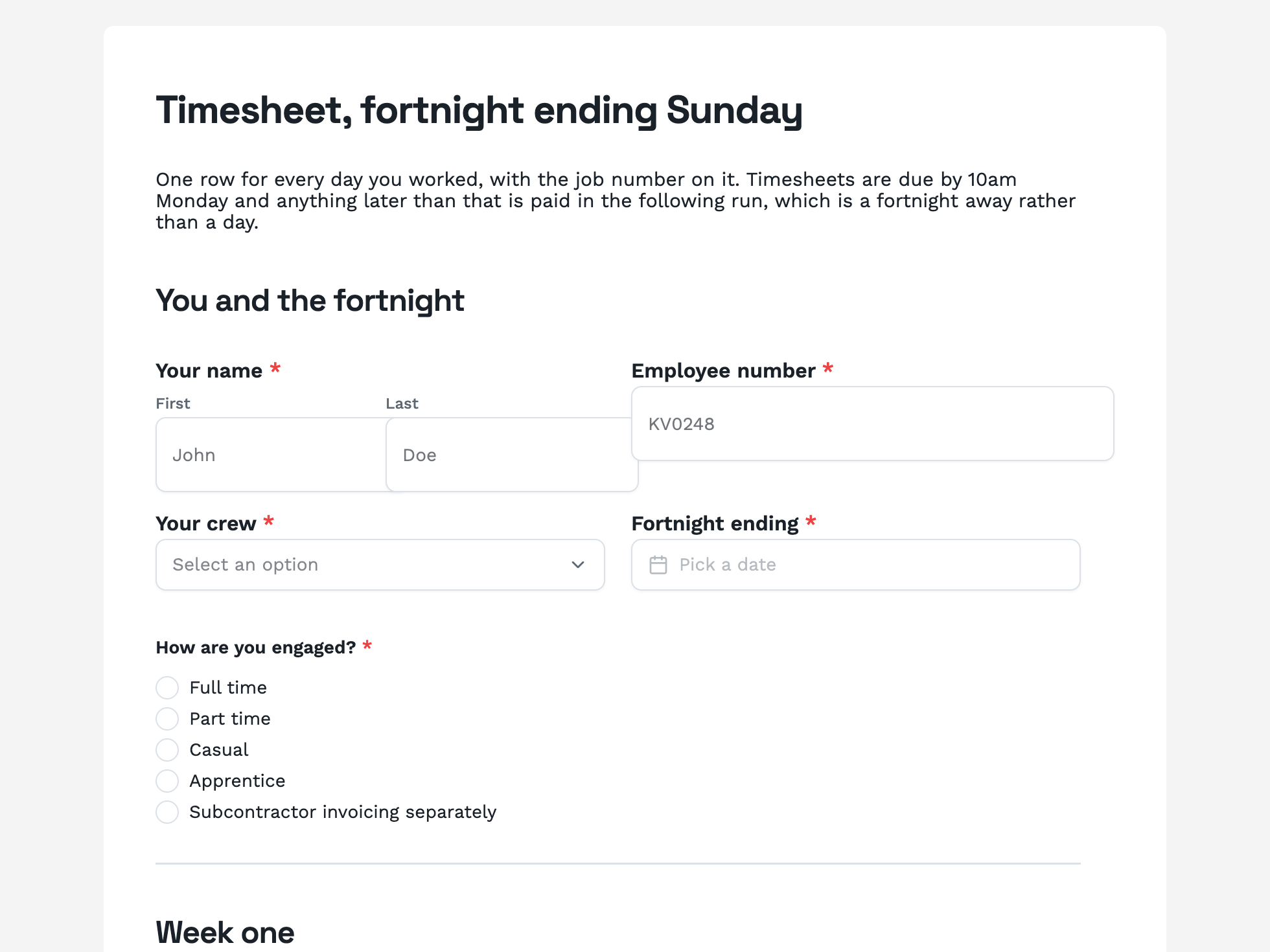 Timesheet form example