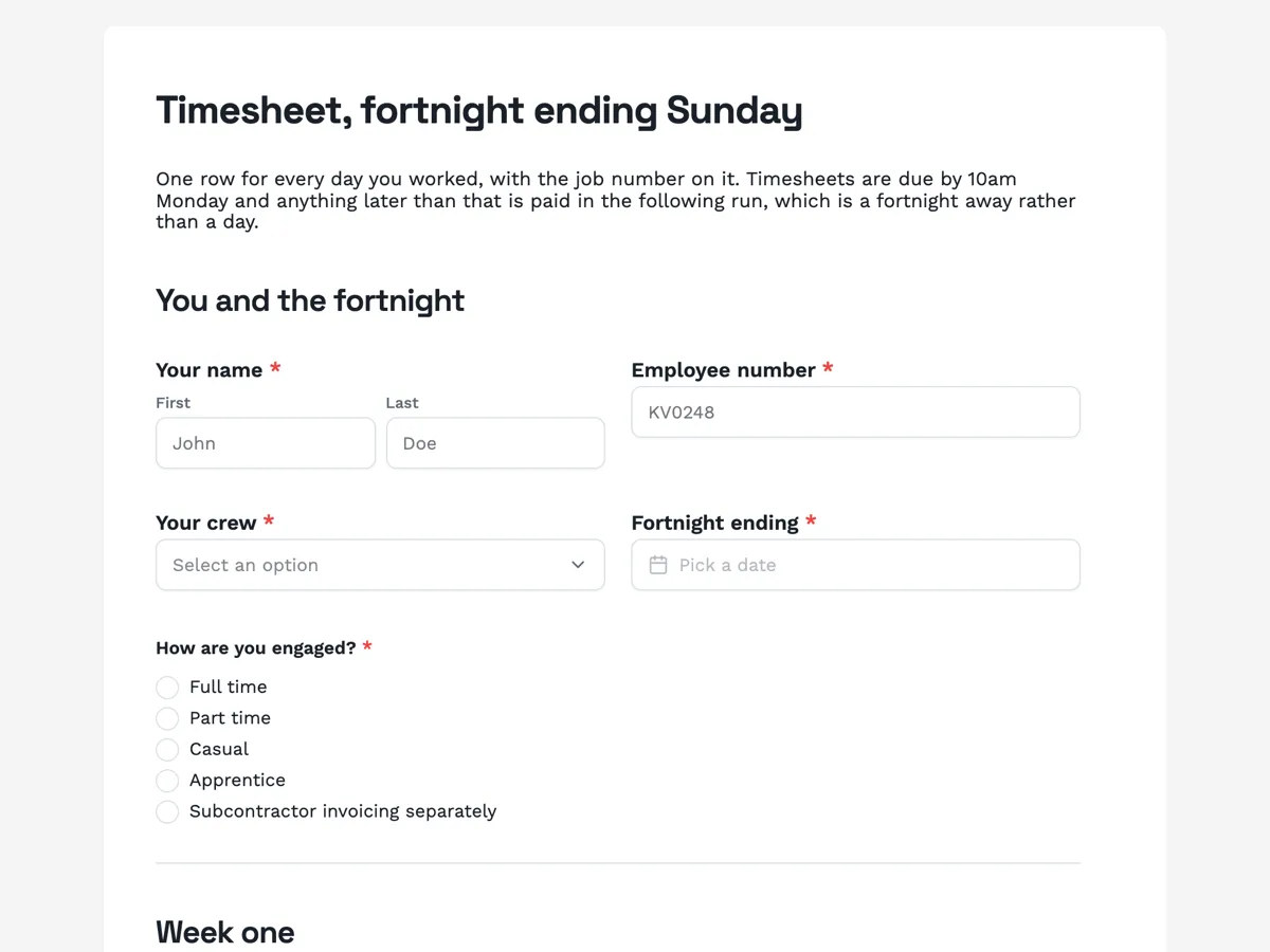 Timesheet form example