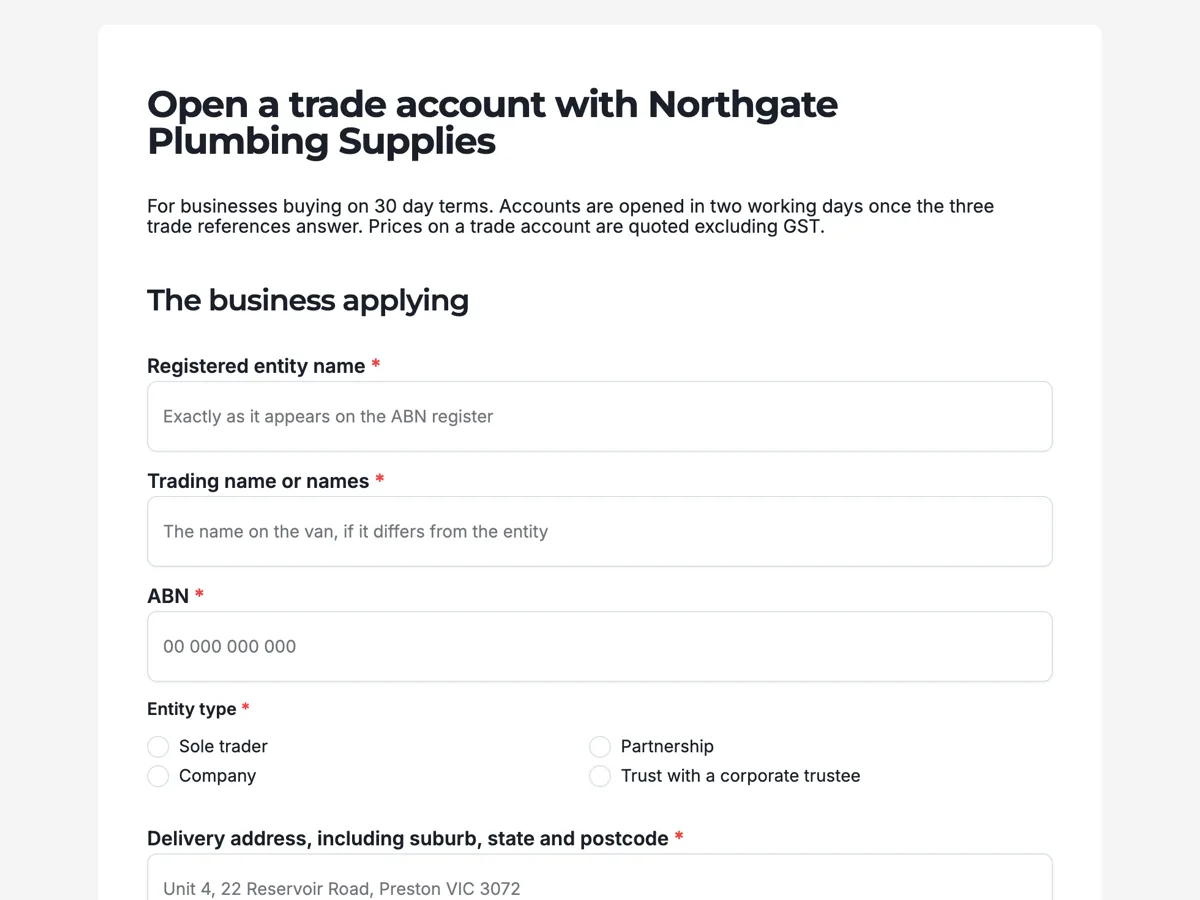 Top of the trade account application form with the director guarantee on the same page example