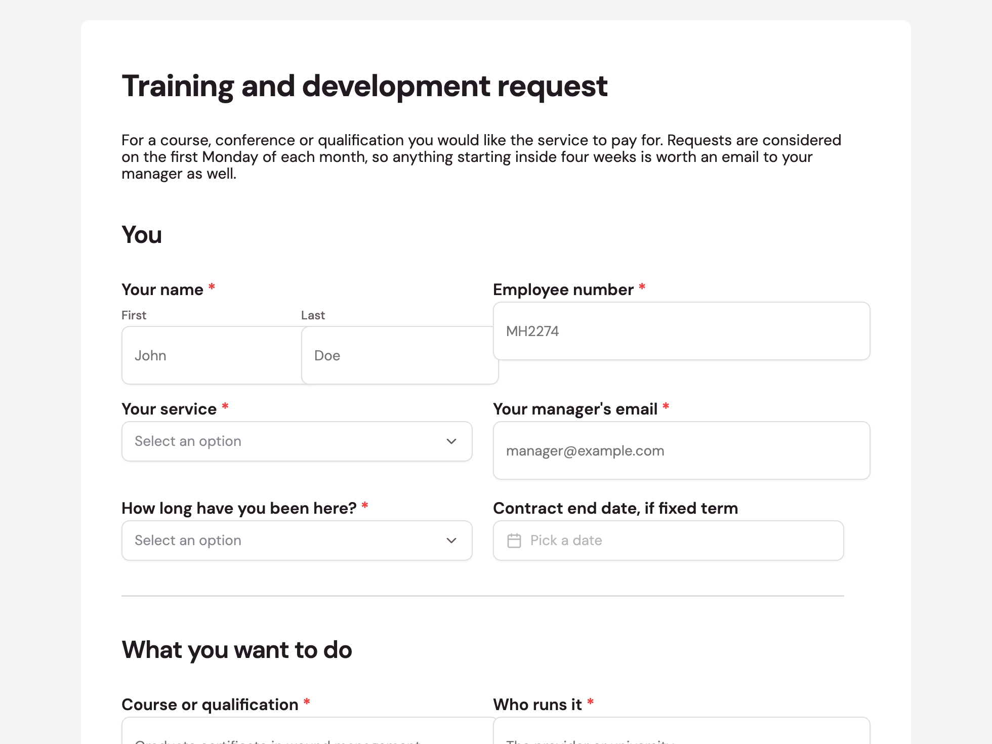 Welcome screen of the training request form example