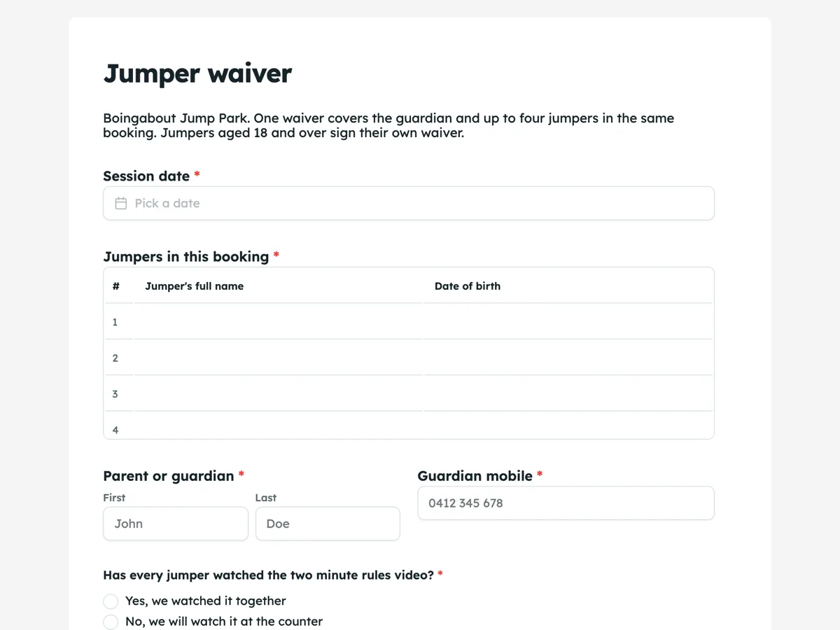 Trampoline park waiver with a jumper table and one guardian example