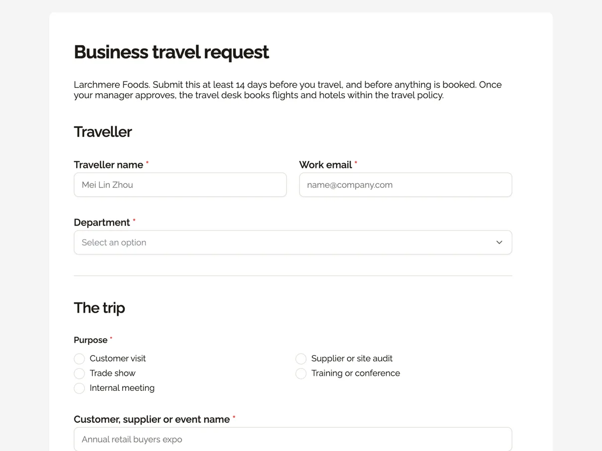 Travel request form with itinerary and estimate example
