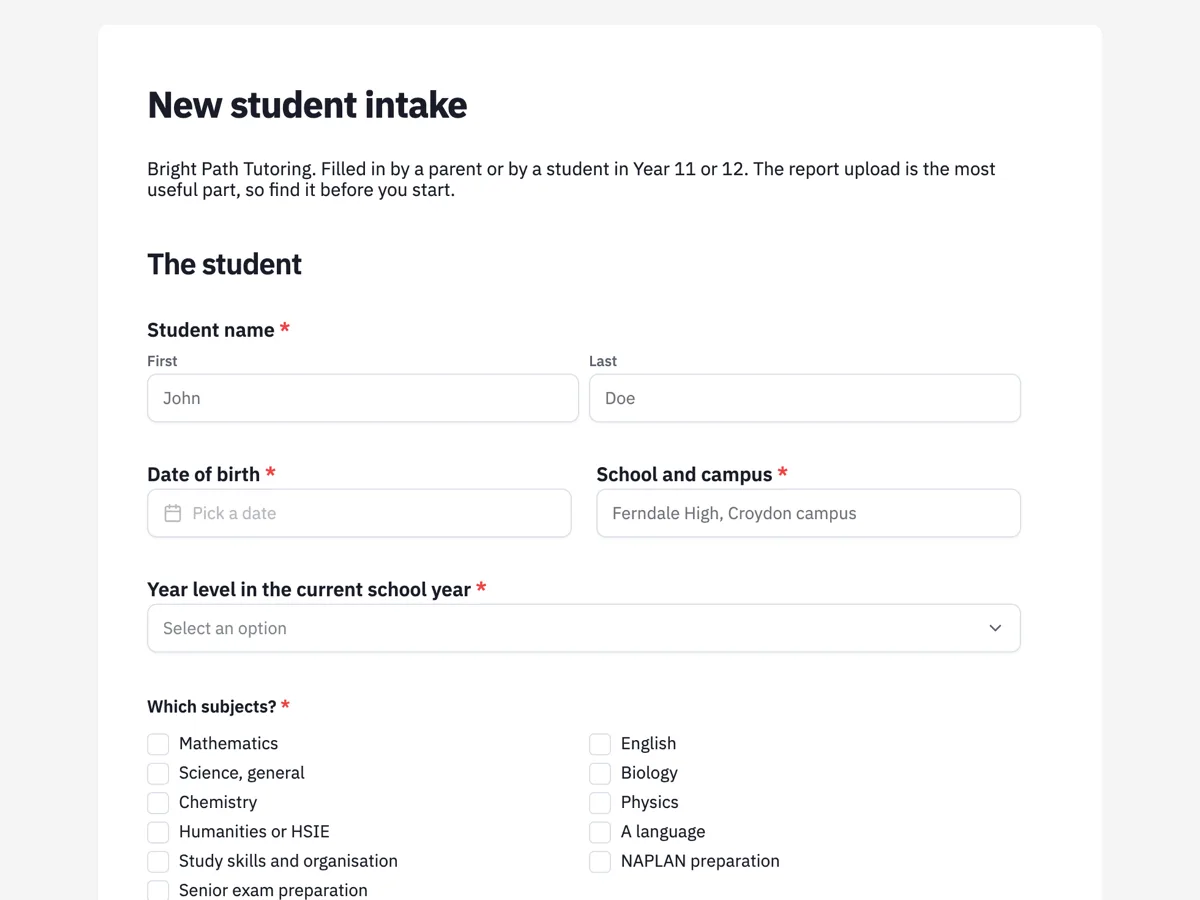 Tutoring intake form that reaches the tutor before the student does example