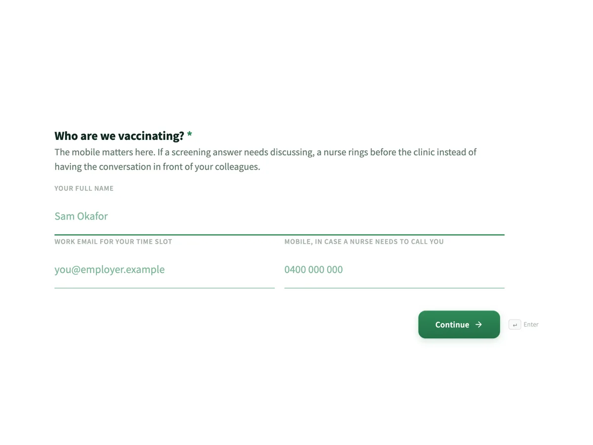 Vaccination clinic registration form with the screening questions example