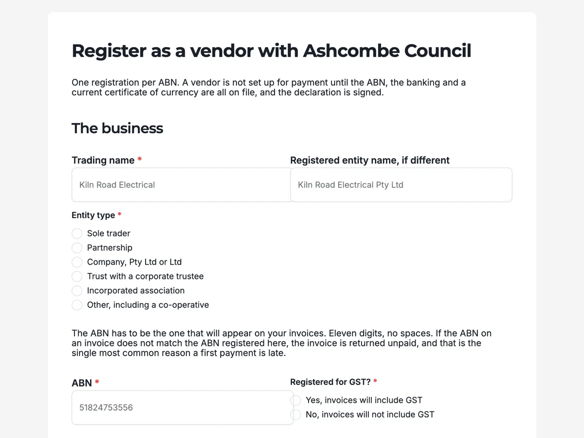 Vendor registration form with ABN, banking and insurance on it example
