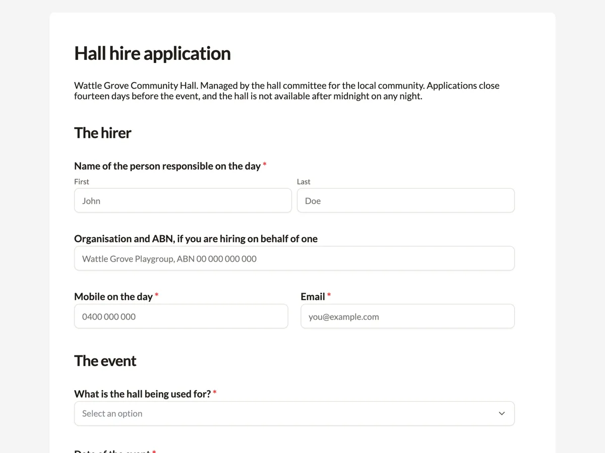 Venue hire form for a community hall example