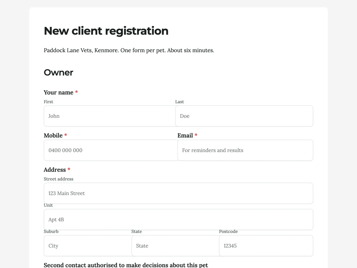 Top of the new vet client form with the pet record and the consent together example